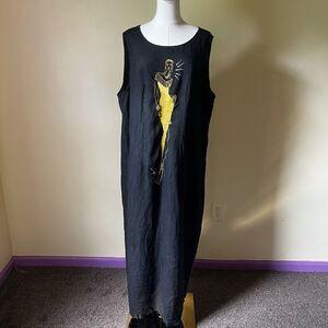 Vintage Mosato Linen Maxi Dress 3X Black Gold Embroidered Abstract Woman Art